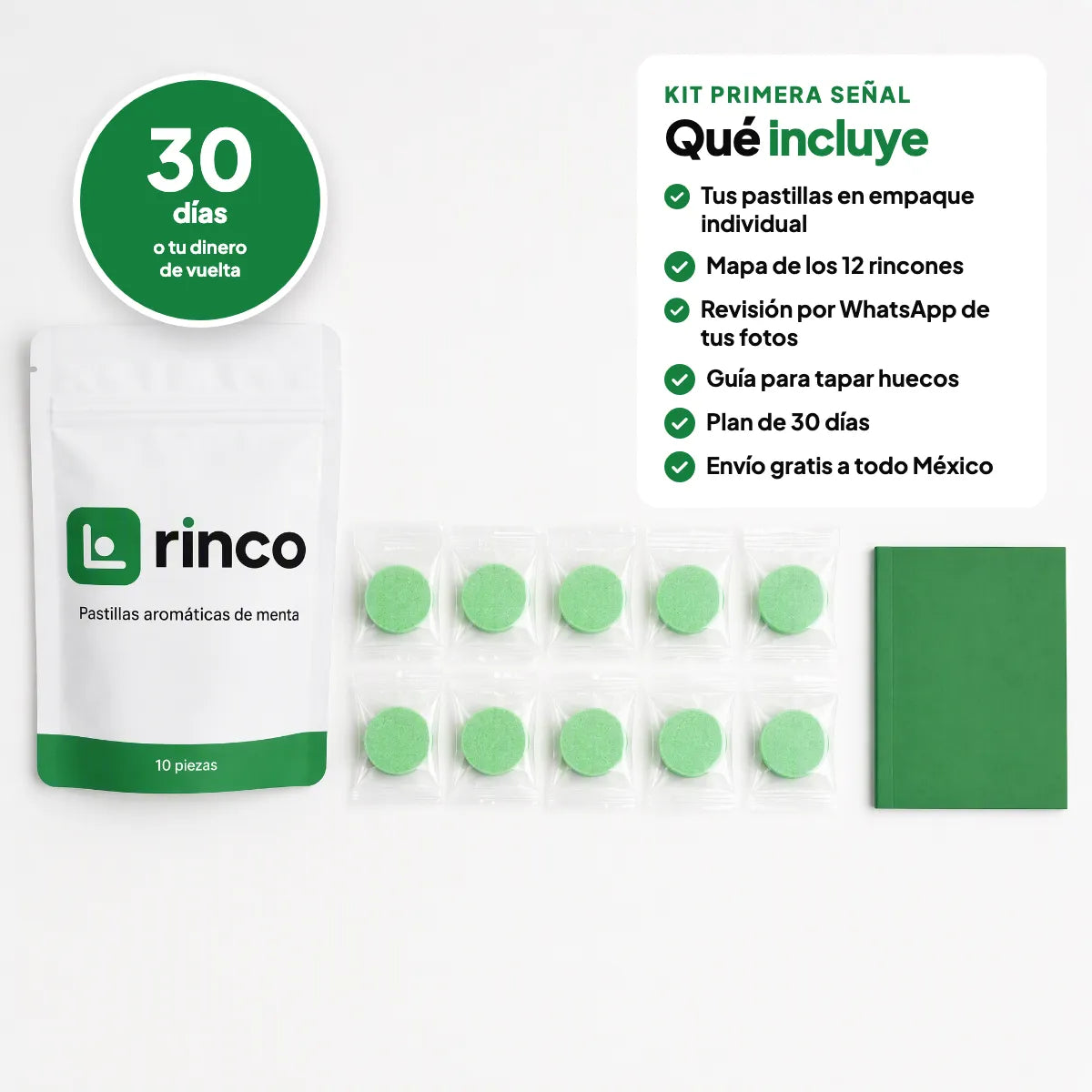 Kit Primera Señal: bolsa Rinco™, pastillas en empaque individual, mapa de los 12 rincones, revisión por WhatsApp, guía para tapar huecos, plan de 30 días y garantía de 30 días
