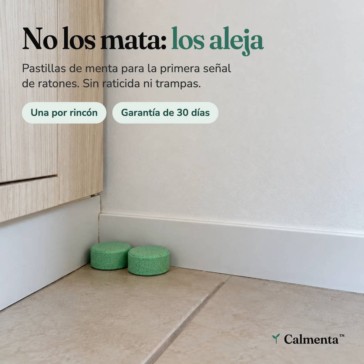 Pastillas de menta Calmenta junto al zoclo de una cocina: no los mata, los aleja