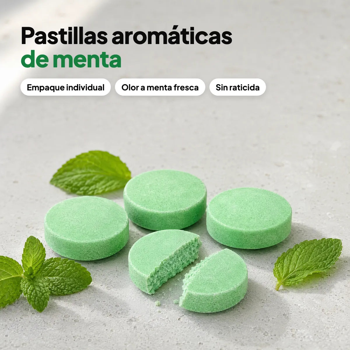 Acercamiento a las pastillas aromáticas de menta Rinco™ con hojas de menta