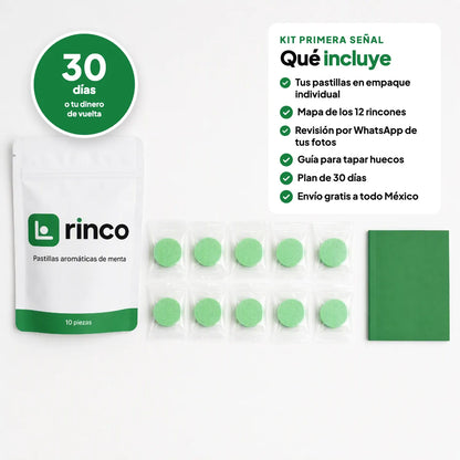 Kit Primera Señal: bolsa Rinco™, pastillas en empaque individual, mapa de los 12 rincones, revisión por WhatsApp, guía para tapar huecos, plan de 30 días y garantía de 30 días