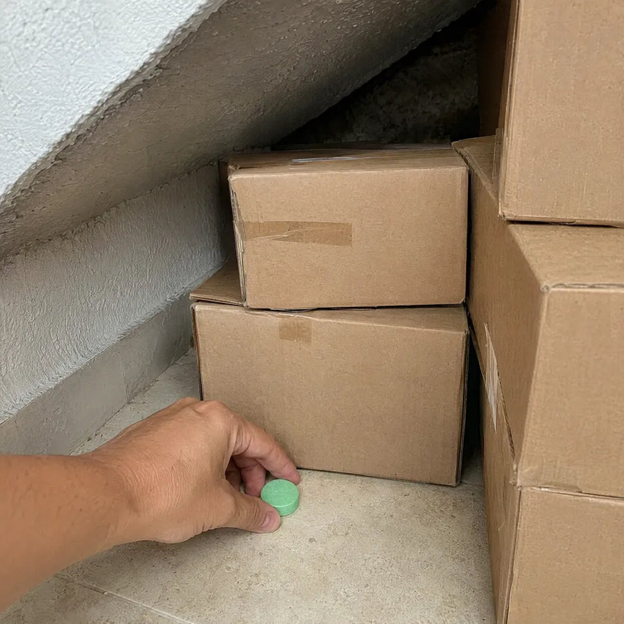 Iván pone una pastilla Rinco en la bodeguita debajo de la escalera