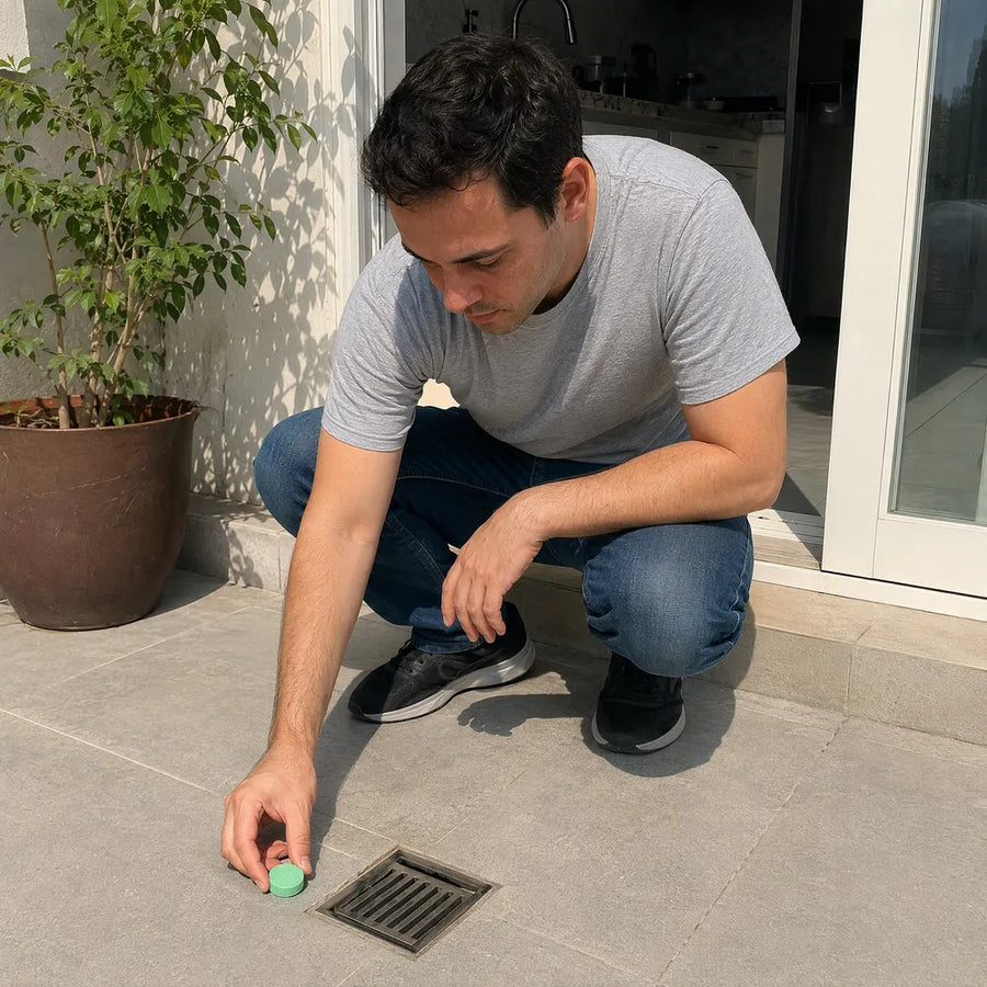 Diego coloca una pastilla Rinco junto a la coladera de su patio