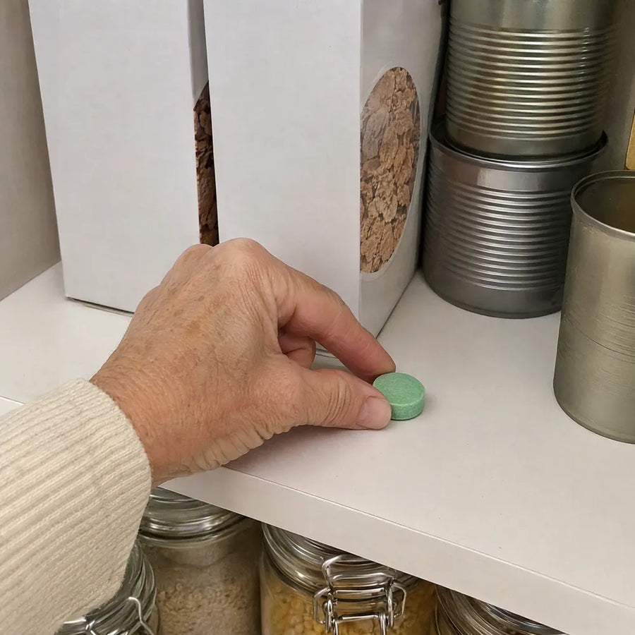 Esteban coloca una pastilla Rinco en la alacena, junto a unas cajas de cereal