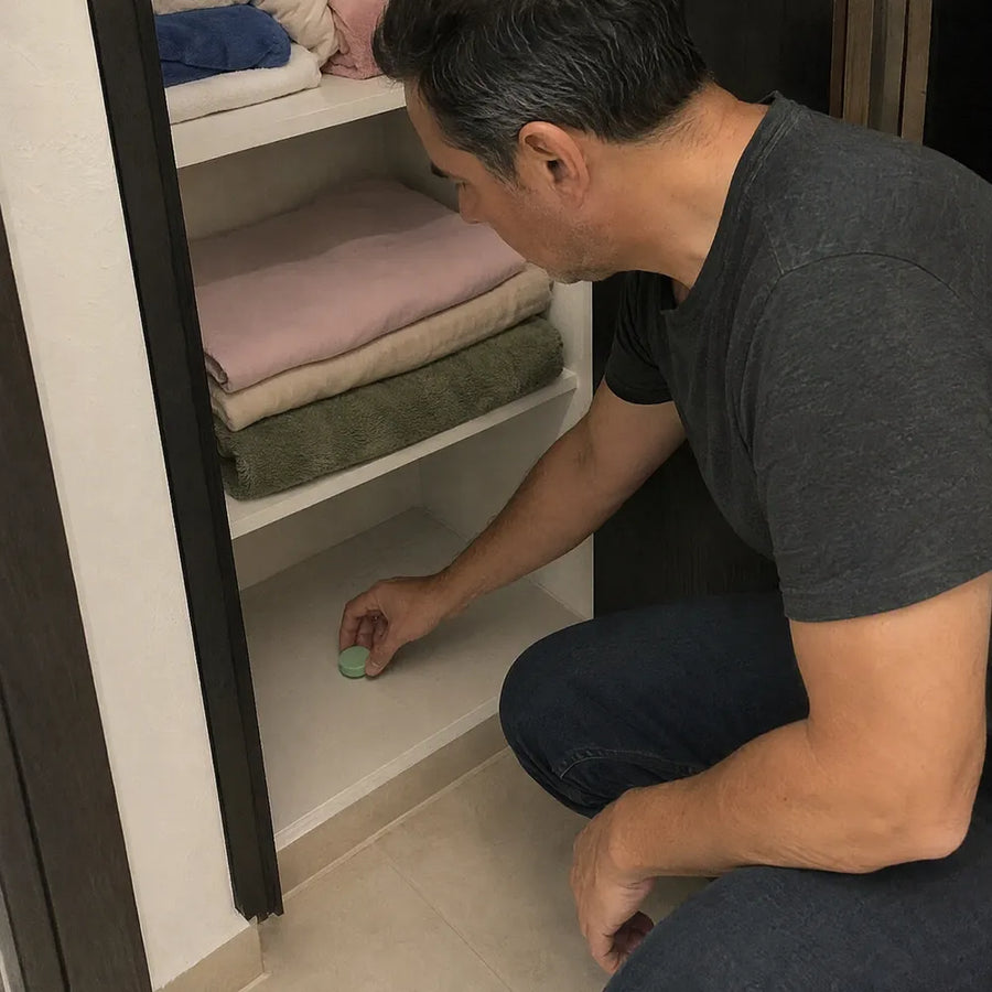 Rubén pone una pastilla Rinco en el piso de su clóset de blancos