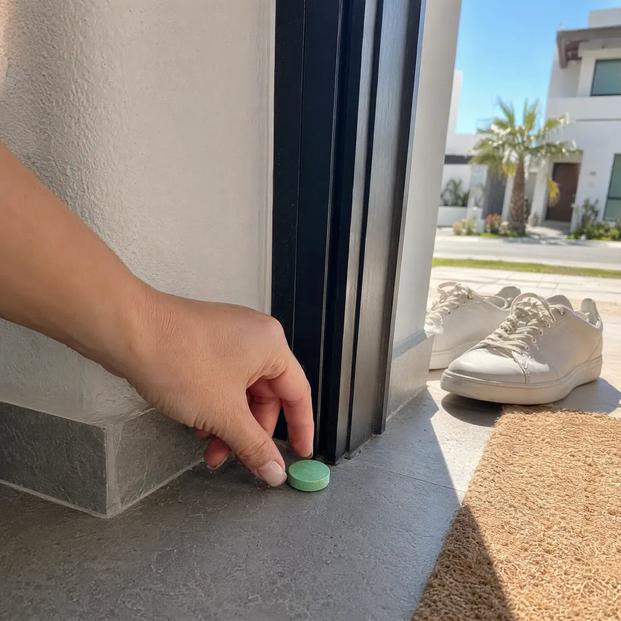 Octavio pone una pastilla Rinco junto a la puerta de entrada de su casa