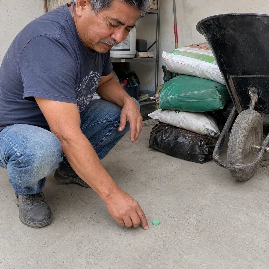 Gerardo coloca una pastilla Rinco en el piso de su cuarto de herramientas