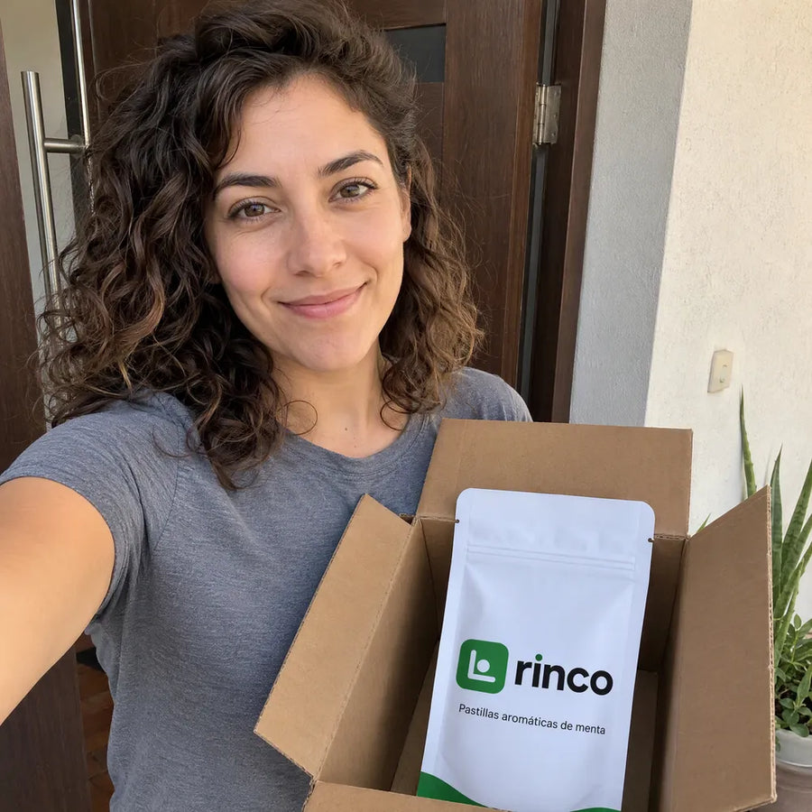 Nadia se toma una foto en la entrada de su casa con su paquete Rinco recién llegado