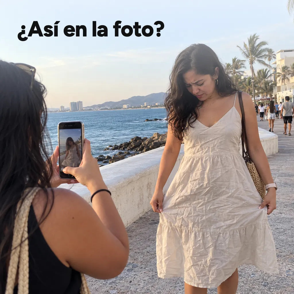 Mujer en el malecón mirando su vestido arrugado