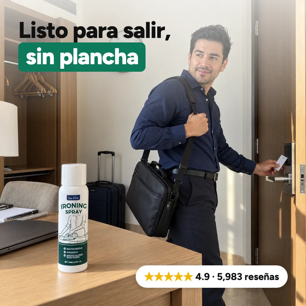 El mismo hombre sale del hotel con la camisa lisa y el spray Rocío