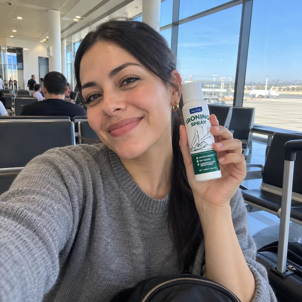 Viajera sonriendo con el spray Rocío en la mano